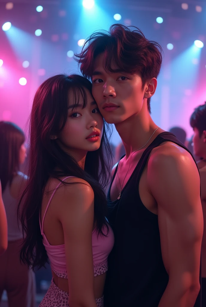 A white teenage Asian woman with long black hair with a beautiful face I went to see a concert with a young man with black hair and white skin, a muscular body, wearing a black tank top and holding a pink mic.