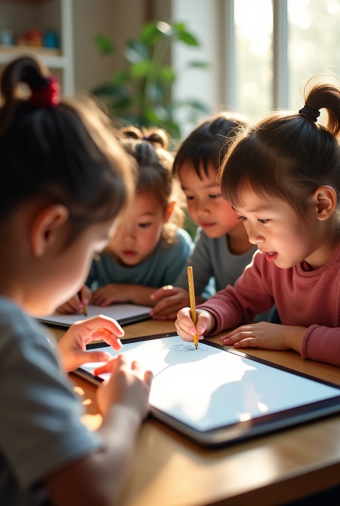 Reusable Digital Paper: A notebook or notepad that uses digital ink technology to write and erase multiple times, reducing paper consumption. Children using but it should be a paper like the twelve description 