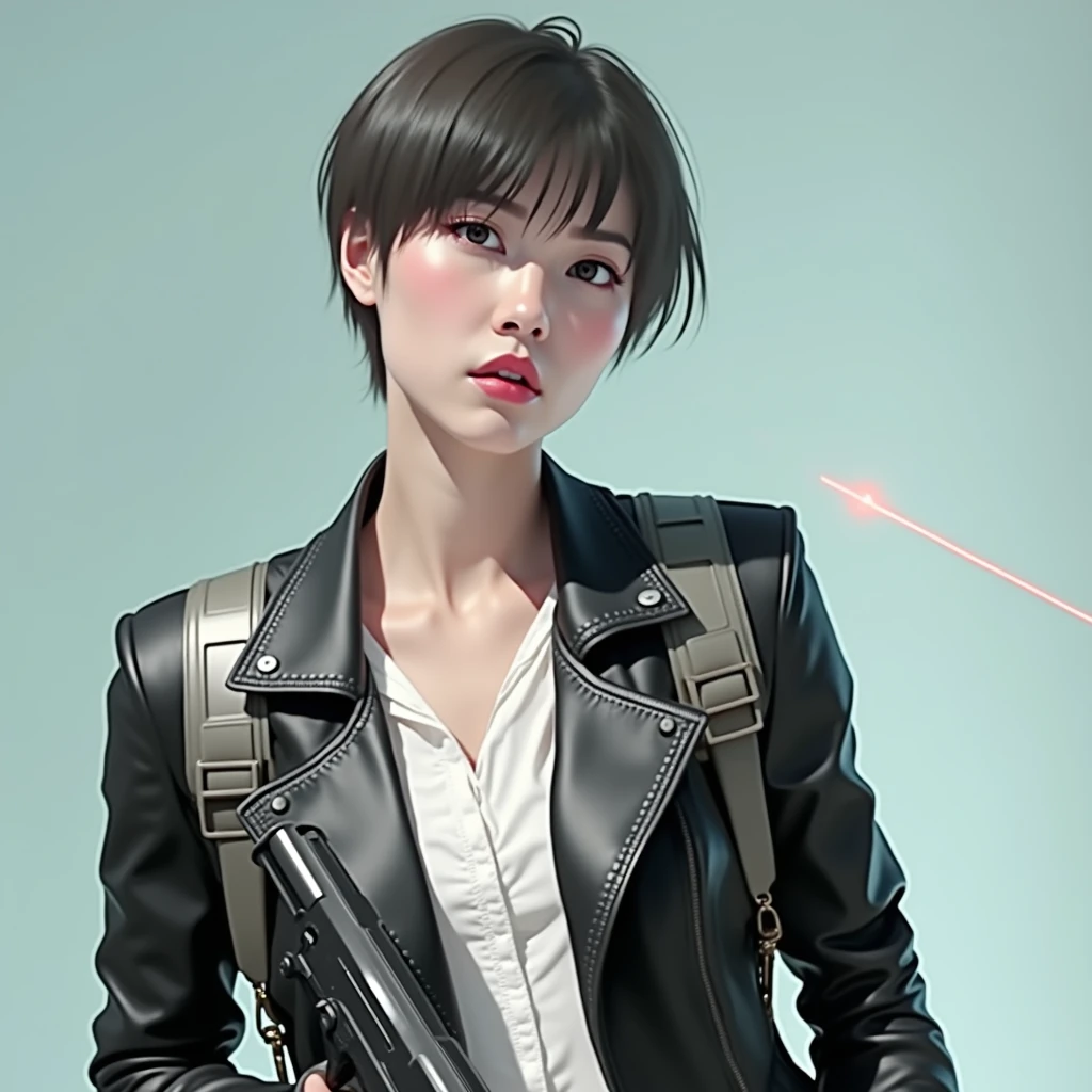 (masterpiece,Distinguished Quality,Mirror-like,Cinematic Experience,insanely detailed,absurdres),8k,wallpaper,,(Best illustrations:2.0),(One Woman:2.0),(Motoko Kusanagi:2.0),(Ghost in the Shell-style worldview:2.0),(Black tactical bodysuit:2.0),(Heavy black bulletproof vest:2.0),(Black gloves:2.0),(Short Bob:2.0),(Beautiful Eyes),(Detailed face),(Detailed female hand drawing:2.0),(sexy:2.0),(He kneels down and aims a pistol at me.:2.0),(Raise your right knee:2.0),(The background is Tokyo, where science and technology have developed.:2.0),(Drawing in monochrome:2.0),(sf:2.0),(A pistol with a laser pointer under the muzzle:2.0),(Point the red laser pointer on your pistol at me:2.0)