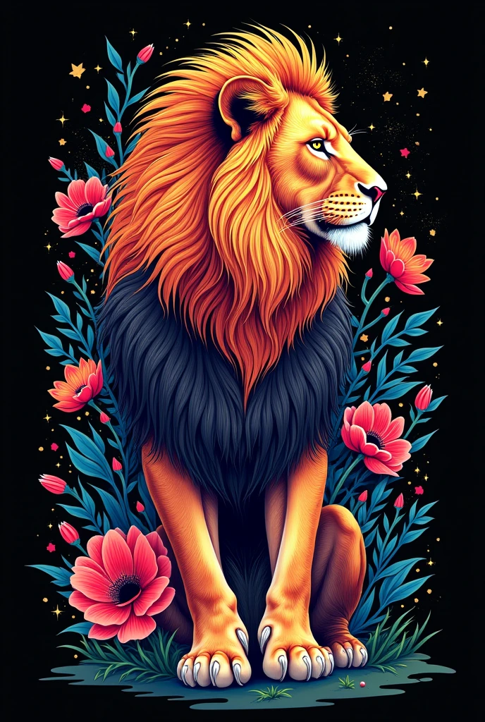 A lion drawn with flowers and colored with bright colors, The background is black and the colors are vibrant, similar to pinterest images, a little more professional and the lion is in profile, make the lines more defined remembering that it is a drawing 