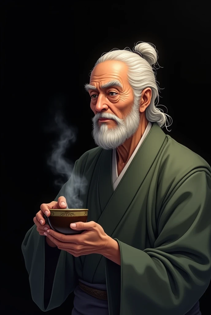 A wise old Japanese man with his cup of tea , The background of the image is black in anime mode, so the old man is on the right of the picture , the old man has no beard, The old man is looking to the left. if you have hair