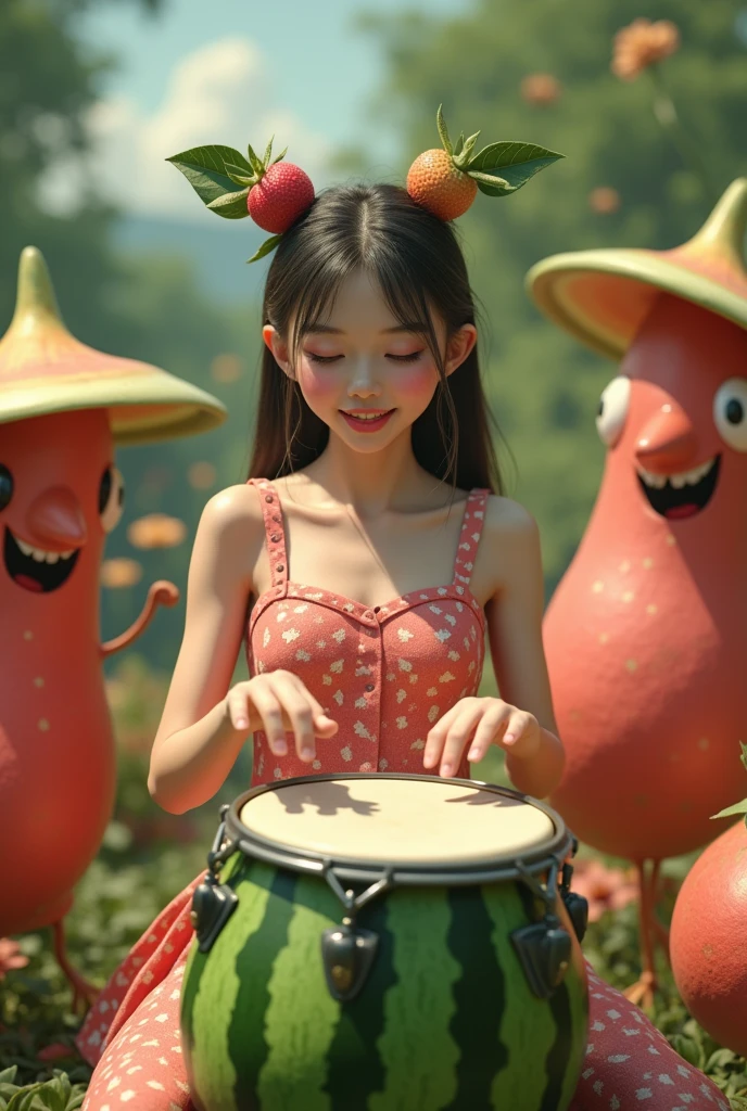 (8k, best quality, photorealistic, realisti), a pretty japanese female model with pink watermelon skin and features, include the seeds in the clothing patterns, she is playing on bongo drum in the shape of a giant watermelon in a surreal garden world, surrounded by other fruit and vegetable creatures, they are all friendly and happy.