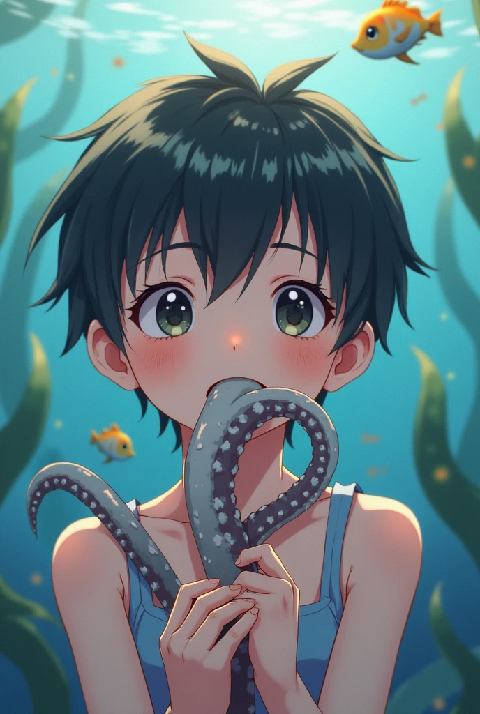 anime boy shota putting octopus tentacle in mouth