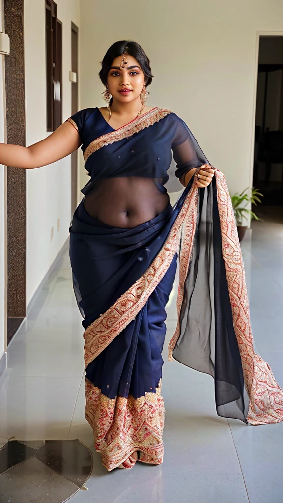 woman in a sari posing for a picture in a hallway, sari, with fluent cloths, candid picture, yummy, dressed in a sari, sexy look, wearing a sari, skinny waist and thick hips, full length view, curvy, with a thin waist, wearing sari, captivating and enticing, with lovely look, candid photo, attractive feminine curves