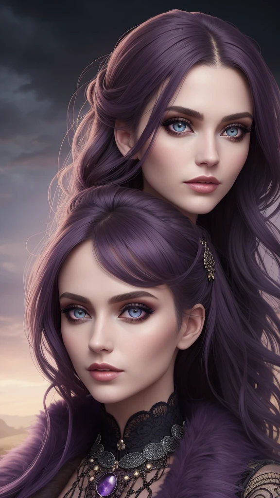 a portrait of a stunning woman, wearing a felt dress, intricate, post apocalyptic, beautiful detailed face, amethyst eyes, detailed background,