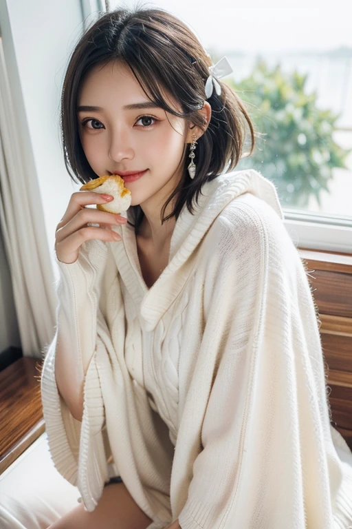 (2 Japanese girl,), (Small breasts:1.5,),(solo,,Textured skin, Detailed skin,Detailed face,Detailed eyes,detailed posing,Natural eyebrows,Sparkling Eyes,High detail, Highest quality, Super detailed, Surrealism, ,8k,RAW Photos,Photographicism,Professional Lighting,Portrait Photography,Soft Light),((Black Hair, Dark Eyes,Natural Makeup,Simple earrings,Bob Hair,ribbon,smile)),(((White poncho style sweater,Eating lunch,Window seat)))