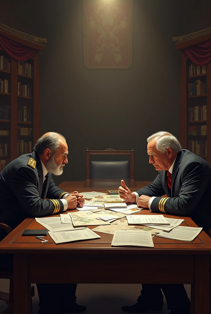 Jose de la Mar and Fernanodo Tangle sitting at a table full of papers having a dispute over who will take over as President of Peru 