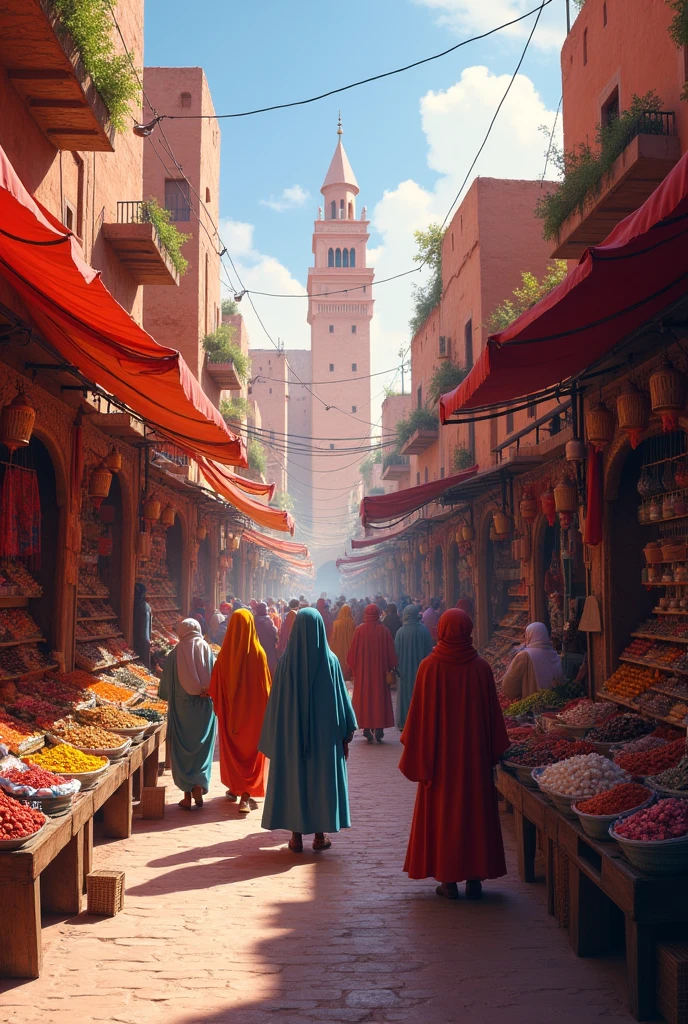 Create the image of A busy street market in Marrakech with colorful stalls and people shopping.