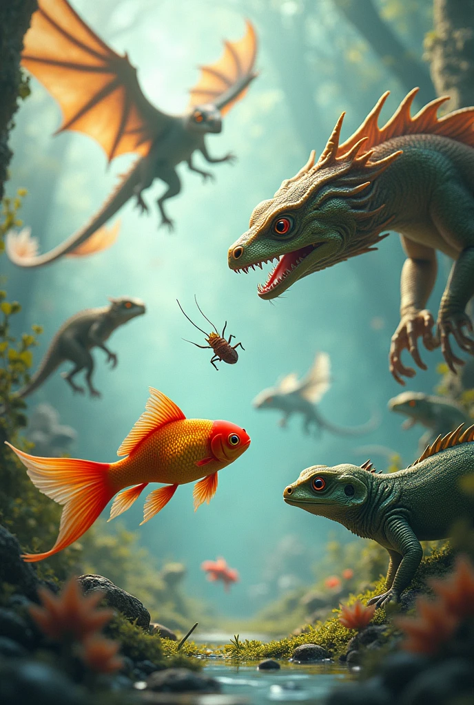 A goldfish chasing plankton A lizard chasing a human A dragon chasing a beetle