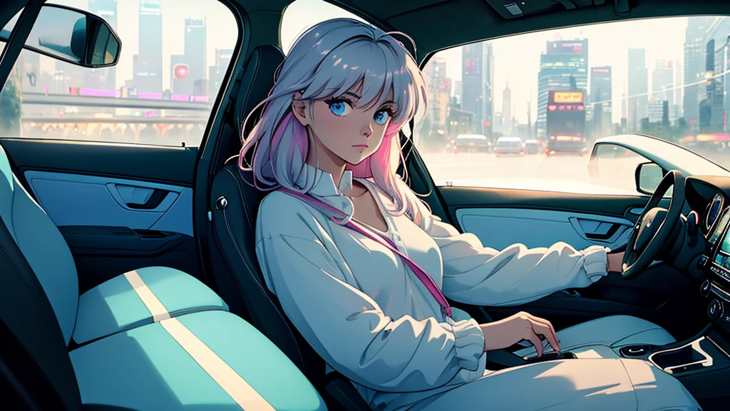 Create an image from the angle inside a car, showing a woman with a thoughtful expression on her face as she gazes out of the side window at the cityscape. The city outside should be visible, illuminated by streetlights and neon signs. Use soft, pastel colors and subtle gradients to capture a dreamy, reflective atmosphere. Ensure the interior of the car feels cozy and comfortable, adding to the overall serene vibe.futuristic city
