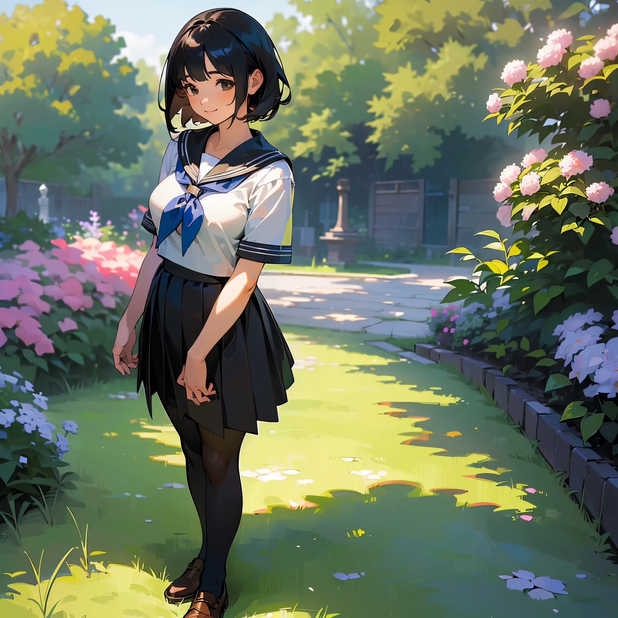 (Highest quality, High resolution, Super detailed, Realistic:1.37), Peaceful atmosphere, (Outdoor, garden), Teenage girl standing alone,(my breasts are big.),Beautifully detailed features, Cute Smile, ((Black bob hair)),Short-sleeved sailor uniform, Pleated skirt,Black tights,Brown leather shoes.