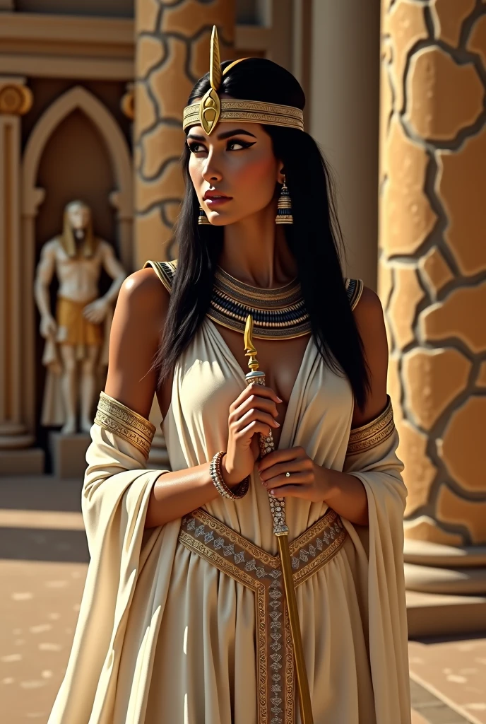 (Photorealism:1.2), beautiful woman, Cleopatra ,A beautiful ancient woman of Mediterranean descent ,Bidenical skin ,Sharp, clear eyes ,Long, slender nose ,The face shape is oval. ,
beautiful,charm,Alluring, Fascinating, an influential female symbol , Power in the Ancient World ,Wear ancient Egyptian makeup, such as bold black eyeliner. , Wearing a shiny black wig, cut straight and shoulder-length, decorated with a golden headband or crown adorned with a snake as a symbol, with luxurious gold earrings and a necklace.,The costume worn is a long white or cream colored dress in the style of ancient Egyptian. , Has a waistband adorned with gems ,
The fabric used has intricate patterns and looks luxurious.,
Standing in a graceful pose, Holding the scepter, a symbol of queenship ,
The backdrop is the interior of an Egyptian palace. , There are large pillars with ancient patterns. , Thick curtains , Decorated with statues , Art to Egyptian Culture