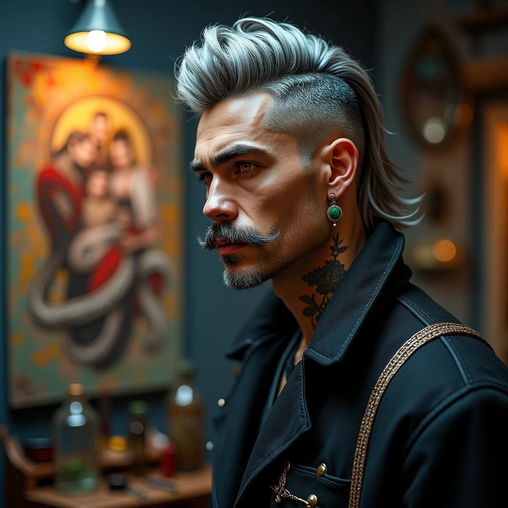 a male artist, fully body, 30years, with 1.80 tall, gray hair shaved on the sides and long on top falling to the side of the face, intimidating orange eyes, big french mustache, jade earrings, flower tattoo on neck, wear formal clothes, work of art, best qualityer, ultra detali, best shade, beautifull detailed face, beautiful detailed eyes, hight contrast