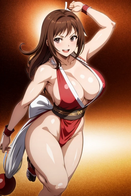 masterpiece, best quality, beautiful art, high resolution, well formed hands, body and fingers, 1 woman, solo, Ui Wakana, red makeup, red lipstick,adult, grown up,  cosplaying as Mai Shiranui , mai_shiranui_cosplay, adult, large and big breasted, cleavage, full body , hair ribbon, gorgeous legs and, thighs, sexy Japanese clothes, hair ornament , sexy and bare legs , hips and thighs, panties peek, fighting in a combat match, showing her fighting skills, making her guard, about to hit the viewer, looking at the viewer, close up on her bouncing breasts, sweating, bouncing breasts, smiling joyfully and brightly, seductive face, being confident and proud, action and fighting scene, martial arts tournament on the beach 