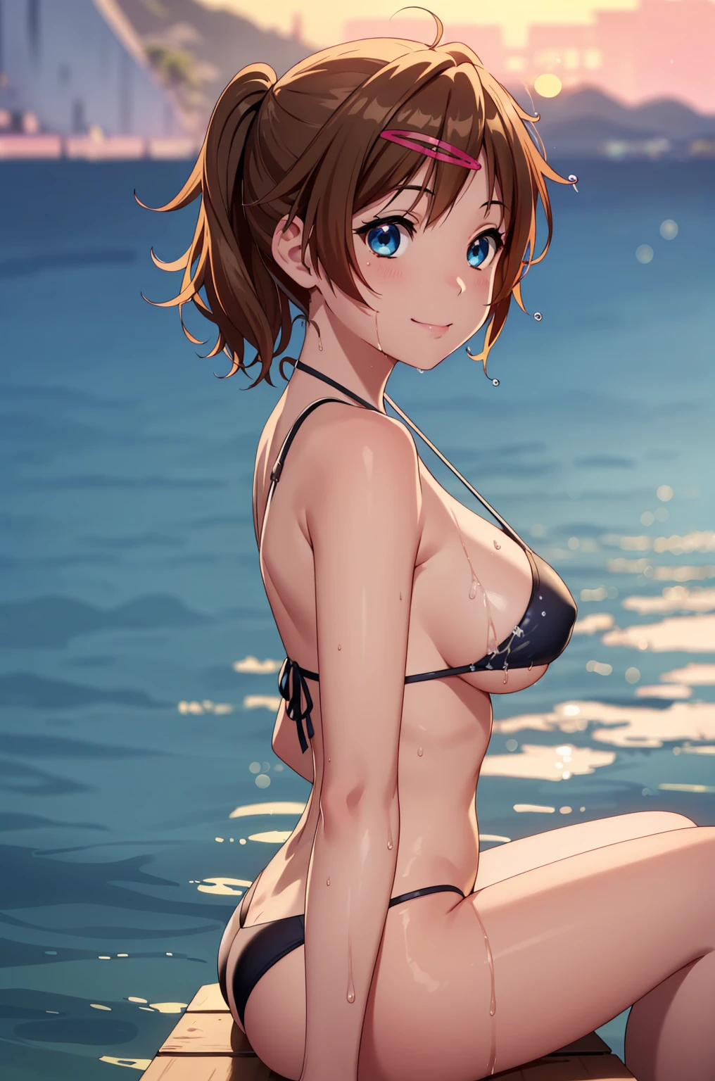 ((masterpiece, Highest quality, High resolution, uhd, Pixel perfect, Depth of written boundary, 4K, RTX, HDR)), 1 Girl, single, alone, 24-years-old, Anime Girls, Beautiful art style, anime character, ((Parted bangs, Brown Hair)), (blue eyes、Round eyes, Delicate eyelashes、Beautiful eyelashes, Perfect Eyes), (Detailed face:1.2), (Smooth texture:0.75, Realistic texture:0.65, Realistic:1.2, Cinematic, Anime CG Style), Perfect body、Moderately good breasts:1.7、Micro Bikini:1.8、Visible from the side:1.9、Wet、Water Drop、Splash、nsfw、もっとView from below、smile:1.8、Bra shoulder straps:1.8、In the sea:1.8、Sit with your knees bent:1.8、Visible from the side:1.8、The whole body is visible:1.8、View from below、Wind、Tropical、sunset、Put your arms behind your back:1.8