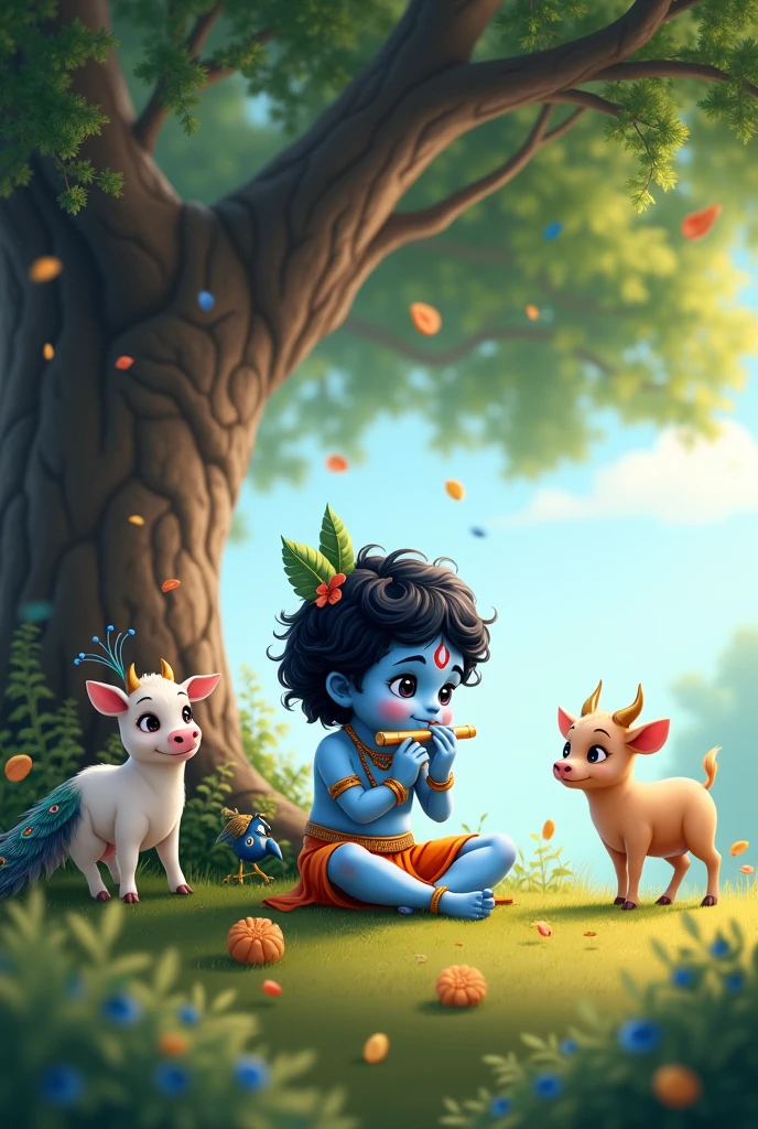 Cute Baby kanha playing flute sitting under a tree with peaceful surroundings and baby cows and peacocks