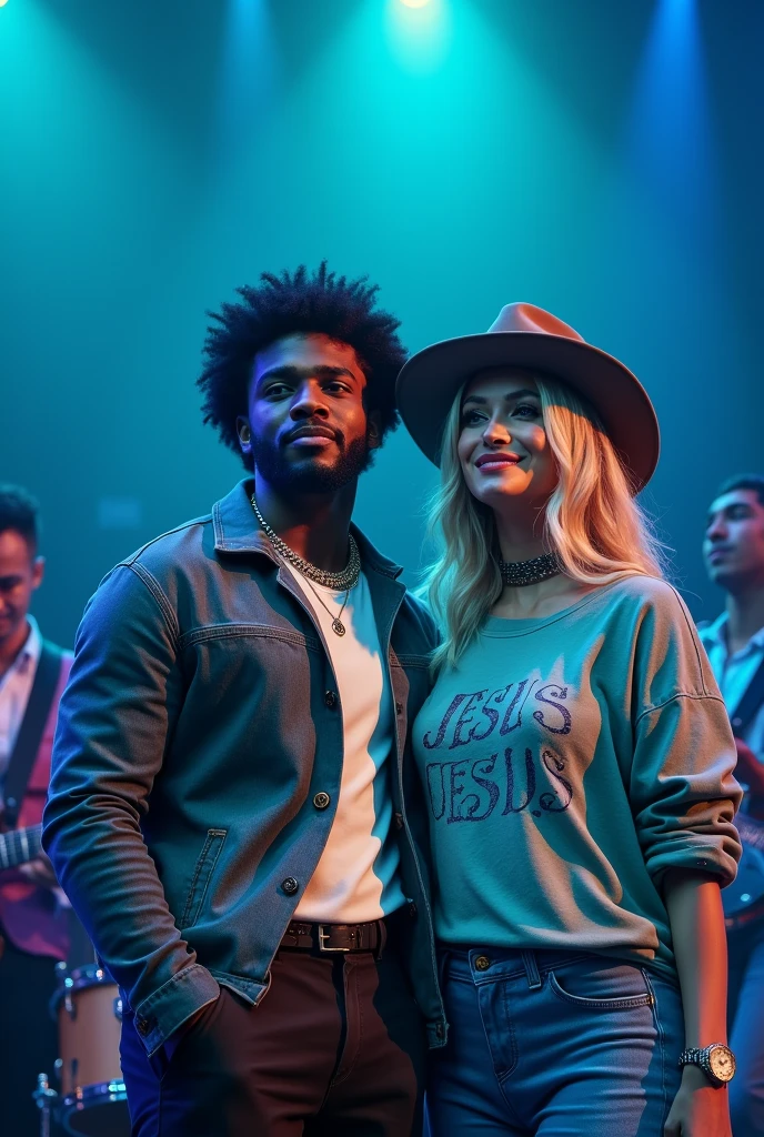 (Maximum quality, work of art: 1.3) Brown male singers, curly hair, and blonde woman with hat, Shirt with Jesus written on it Grace Echo, comely, cerulean, Face ultra detailed, drumkit, guitar and bass playing behind detailed, on the stage