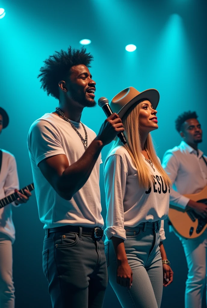 (Maximum quality, work of art: 1.3) Brown male singers, curly hair, and blonde woman with hat, Shirt with Jesus written on it Grace Echo, comely, cerulean, Face ultra detailed, drumkit, guitar and bass playing behind detailed, on the stage