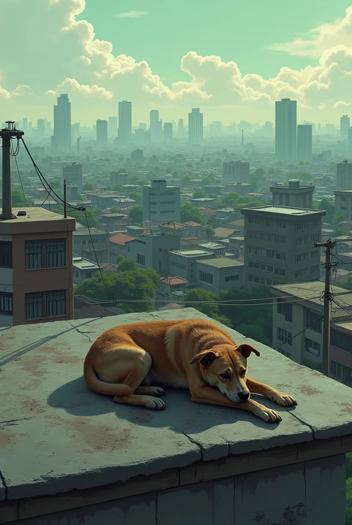 Stray dog, on the roof of a house in the interior of São Paulo. bottom-up perspective. Sad dog.