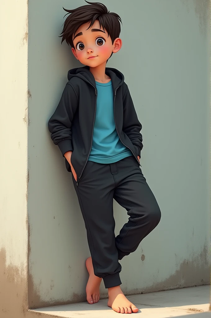 Barefoot boy in black sports pants, black open top sweater and under the sweater he has a blue shirt leaning against the wall lifting his foot