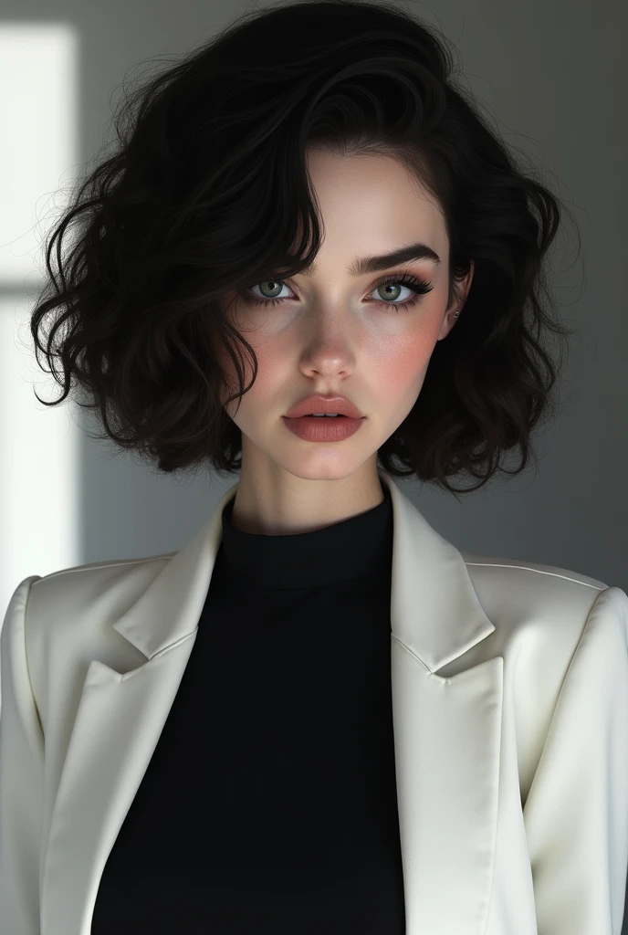 Brunetette, medium curly hair cut short,eyes black, white and black clothes