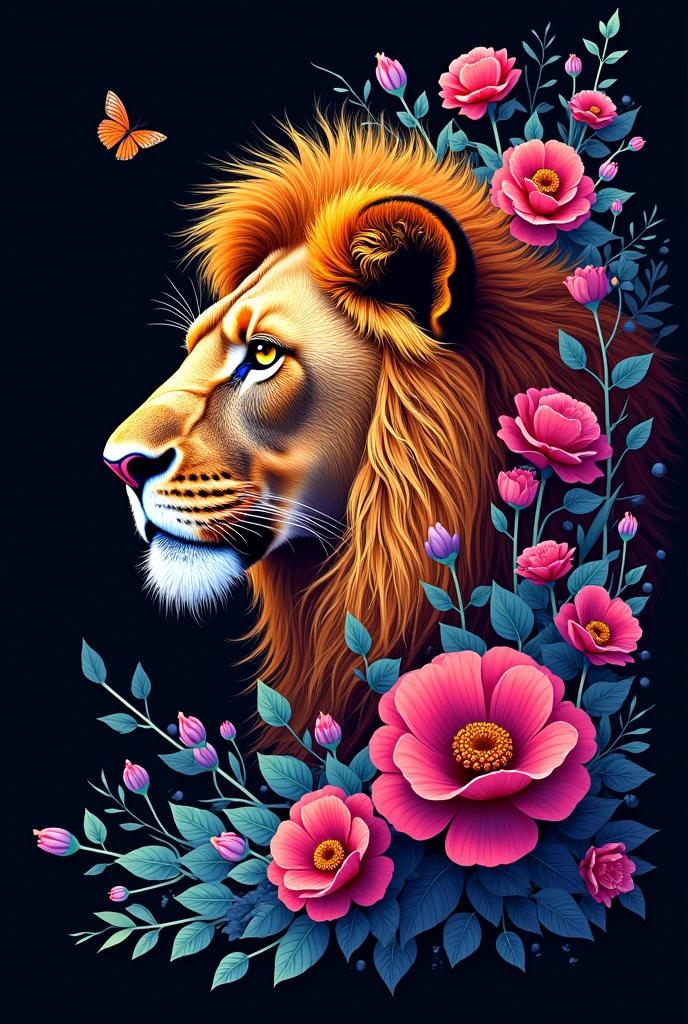 A lion drawn with flowers and colored with bright colors, The background is black and the colors are vibrant, similar to pinterest images, a little more professional and the lion is in profile, make the lines more defined remembering that it is a drawing, Add more flowers so that only the lion's face can be seen