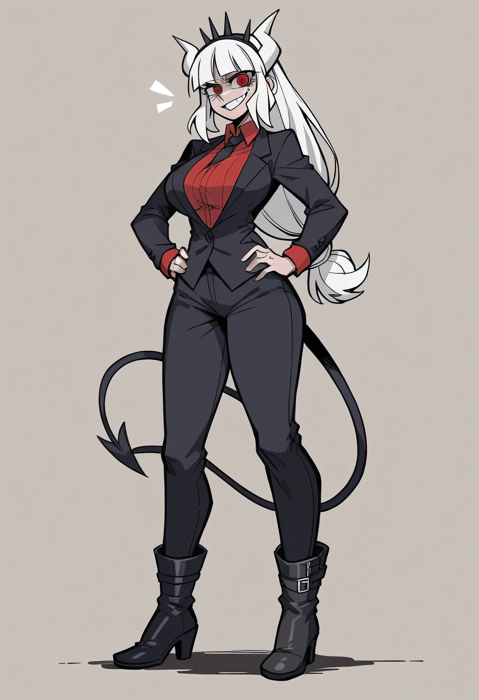 Masterpiece, best quality, Masterpiece, best quality, 1 woman , lucifer (helltaker) , long white hair , red eyes. , sly face , smile , black suit shirt , trousers , big breasts , , abdomen , Put your hands on your hips. , boots , full body
