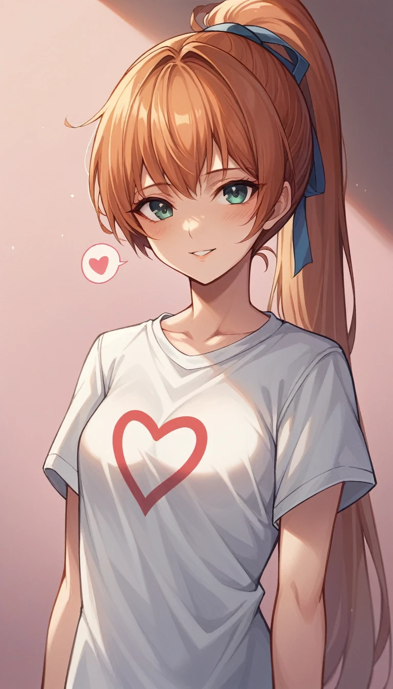 score_9, score_8_superior, score_7_superior,、Kasumi from Dead or Alive, Mature Woman, Long ponytail,Skinny、happiness、Heart symbol、Small breasts, Pink Room、evening、Wear a white shirt、Small breasts首