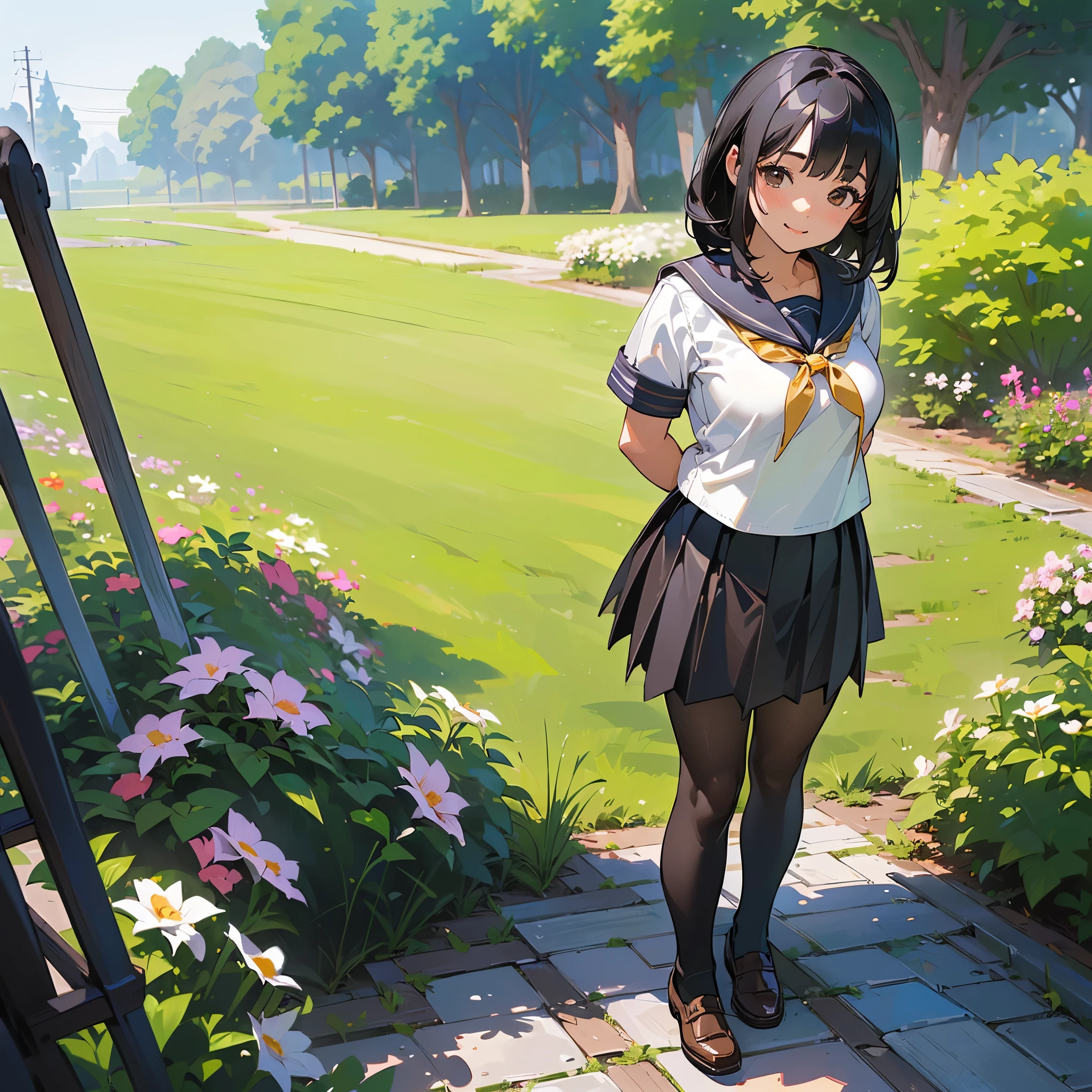 (Highest quality, High resolution, Super detailed, Realistic:1.37), Peaceful atmosphere, (Outdoor, garden), Teenage girl standing alone,(my breasts are big.),Beautifully detailed features, Cute Smile, ((Black bob hair)),Short-sleeved sailor uniform, Pleated skirt,Black tights,Brown leather shoes.