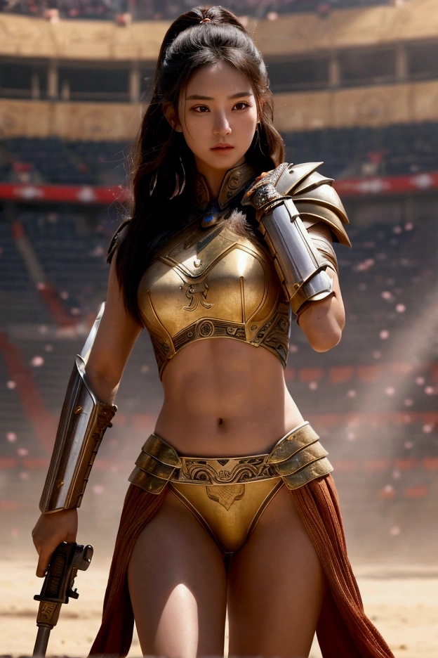 A beautiful girl in the guise of an ancient warrior, adorned with powerful armor, holds a radiant weapon in her hand, creating a strong and captivating image. The scene is set in an arena with a large audience, captured in high-quality photography."