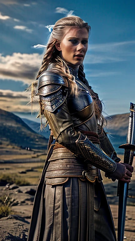 a beautiful nordic warrior woman, tall, with large blue eyes, long blonde braided hair, wearing a winged horned war helmet, cinched waist armor, holding a sword, solo figure, fantasy, photorealistic, 8k, detailed facial features, highly detailed, dramatic lighting, epic, concept art style