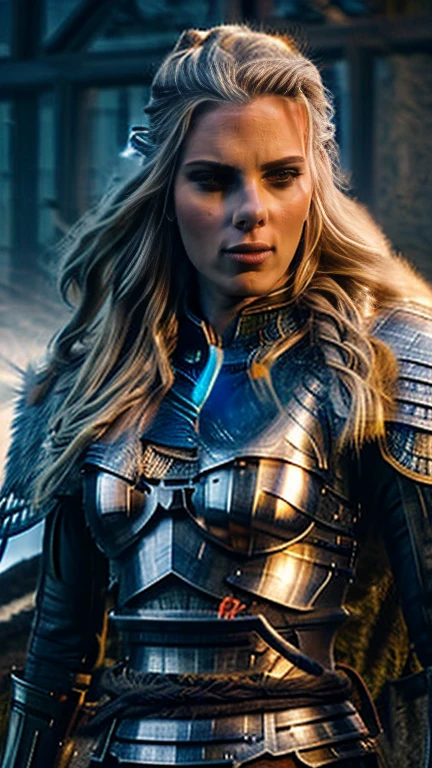 a beautiful nordic warrior woman, tall, with large blue eyes, long blonde braided hair, wearing a winged horned war helmet, cinched waist armor, holding a sword, solo figure, fantasy, photorealistic, 8k, detailed facial features, highly detailed, dramatic lighting, epic, concept art style