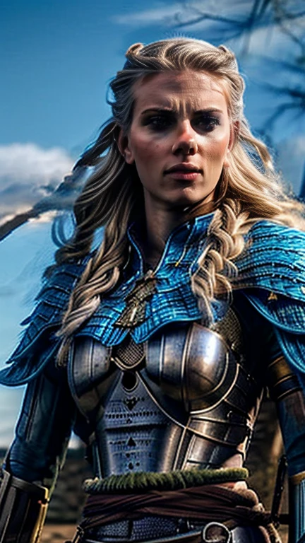 a beautiful nordic warrior woman, tall, with large blue eyes, long blonde braided hair, wearing a winged horned war helmet, cinched waist armor, holding a sword, solo figure, fantasy, photorealistic, 8k, detailed facial features, highly detailed, dramatic lighting, epic, concept art style