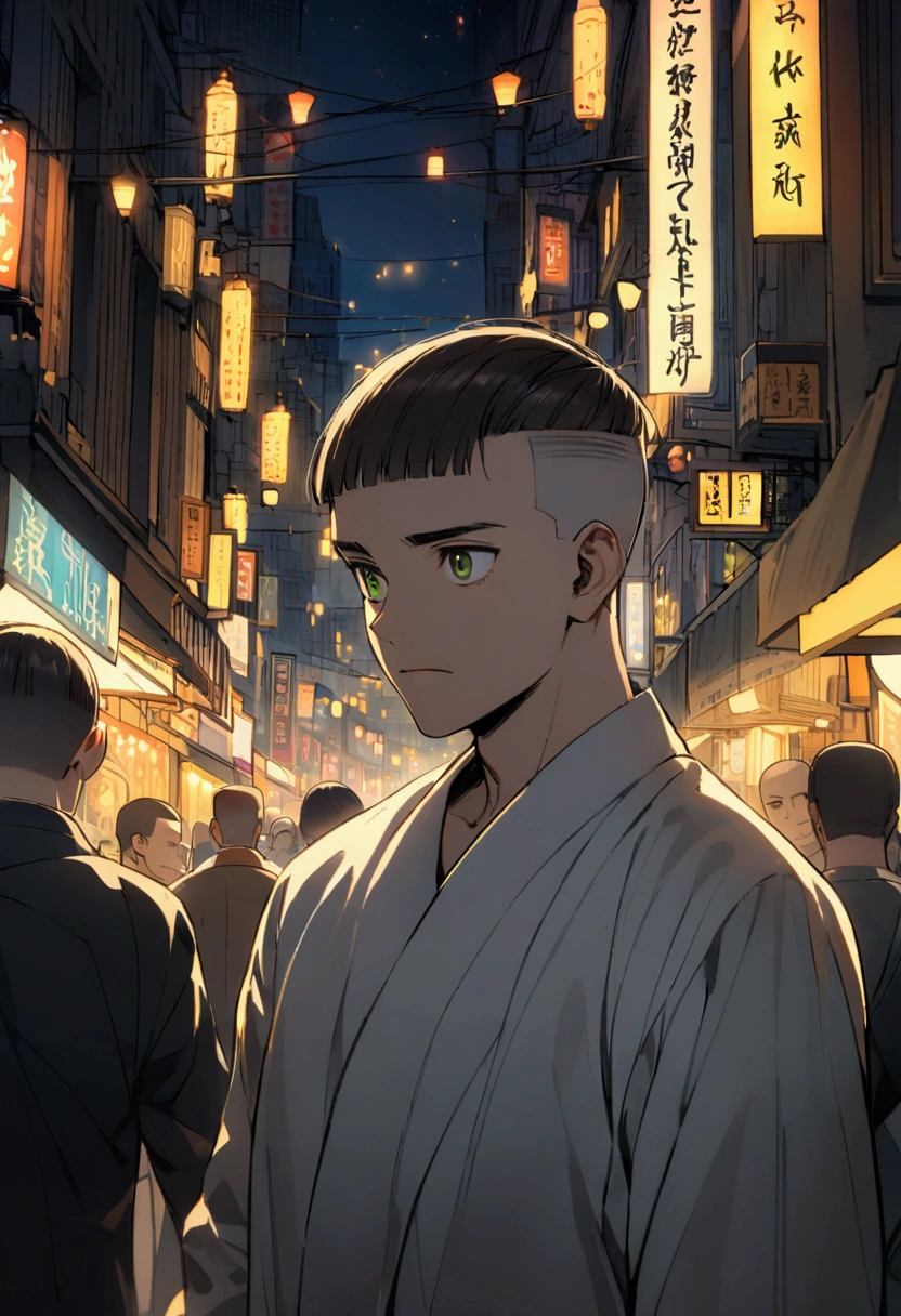 There is a man in all white with a crew cut hairstyle. His hair is brown and has green eyes. He looks scared as he walks in a crowded street and night with purple, red, and yellow lights
