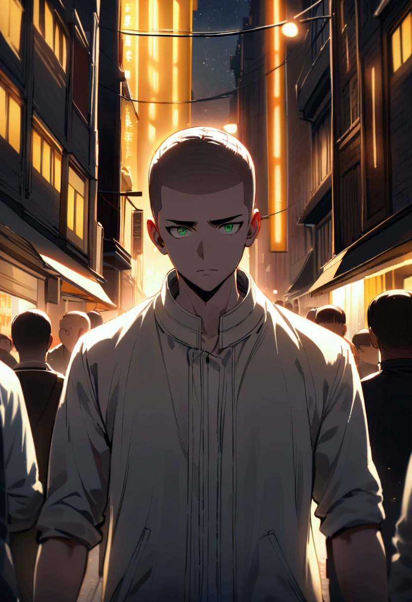 There is a man in all white with a crew cut hairstyle. His hair is brown and has green eyes. He looks scared as he walks in a crowded street and night with purple, red, and yellow lights