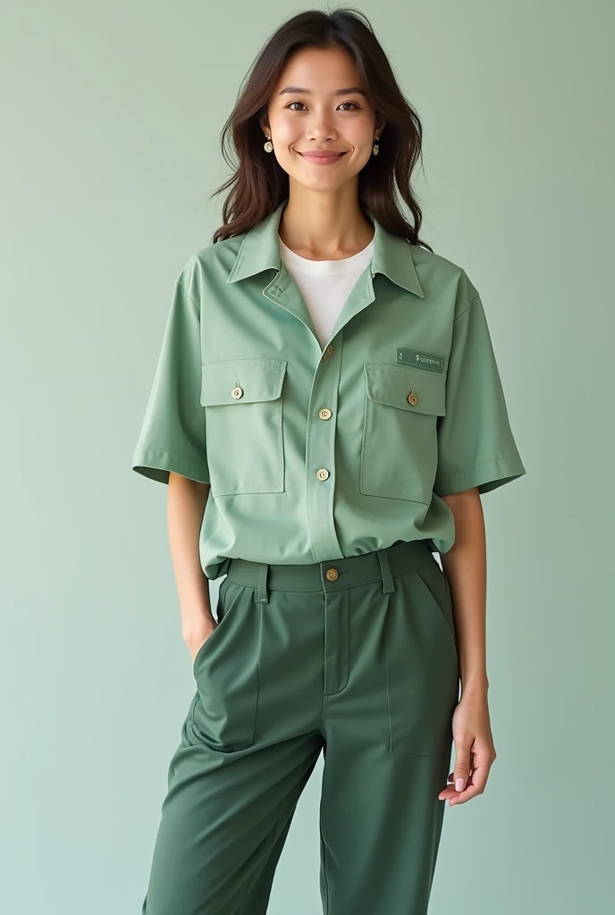 A short-sleeved anti-fluid set for environmental engineering students that is comfortable and suitable for any occasion that has colors between white and green