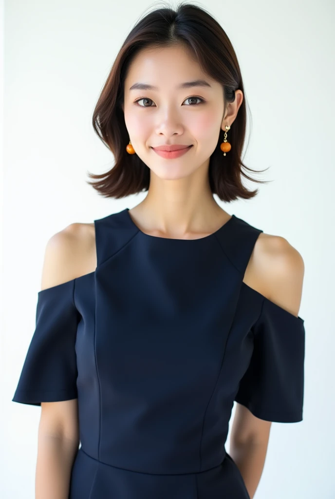 Beautiful Asian woman wearing office dark blue dress with open shoulders. Three quarter portrait on white background. Straight posture. She wears beauty amber earrings and amber beads