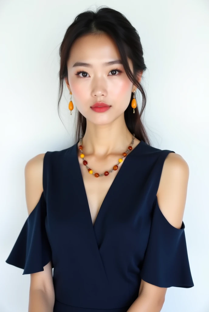 Beautiful Asian woman wearing office dark blue dress with open shoulders. Three quarter portrait on white background. Straight posture. She wears beauty amber earrings and amber beads