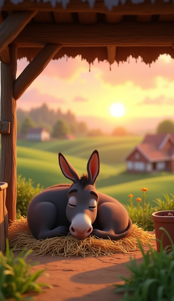 Draw a donkey sleeping peacefully on a pile of straw in a roofed stable on a farm. The farm should be picturesque and detailed, with green fields and a sunrise sky with soft orange and pink tones, in a 3D animated style.
