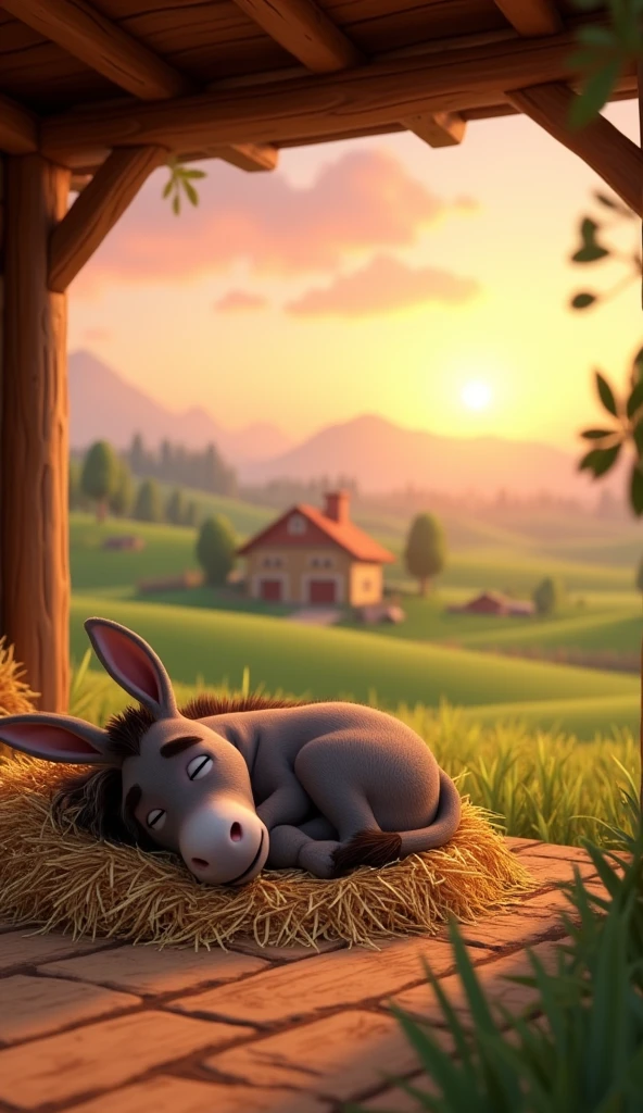 Draw a donkey sleeping peacefully on a pile of straw in a roofed stable on a farm. The farm should be picturesque and detailed, with green fields and a sunrise sky with soft orange and pink tones, in a 3D animated style.