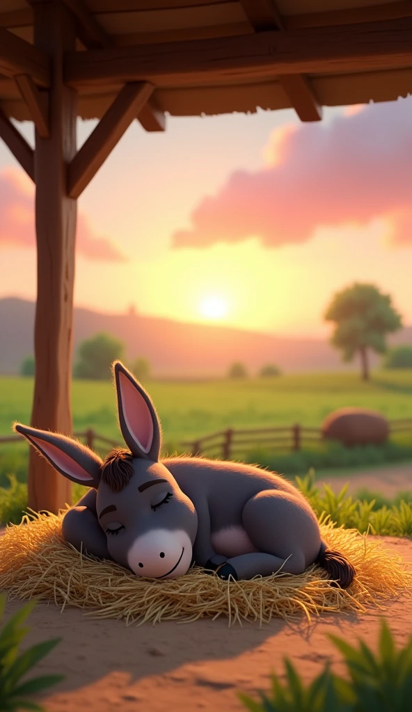 Draw a donkey sleeping peacefully on a pile of straw in a roofed stable on a farm. The farm should be picturesque and detailed, with green fields and a sunrise sky with soft orange and pink tones, in a 3D animated style.