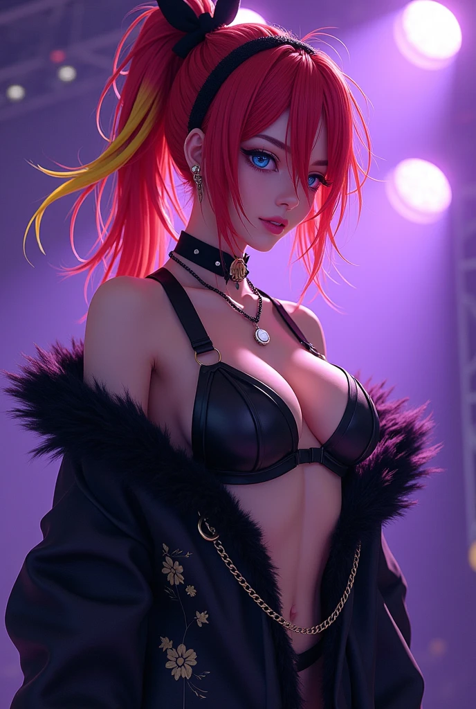 absurd, high resolution, ultra detailed, HDR, underground idol Hentai style, masterpiece, best quality, extremely detailed, detailed eyes, Quincy, red hair with yellow side streaks, messy ponytail hair, hair between the eyes, expressive blue eyes, underground idol Hentai style, solo, manhwa idol, sexy man, manly man, horny, lustful, handsome, fantasy, undressing, black haori, transparent kimono, black choker, feathers, accessories, black gloves, fingerless gloves, elbow gloves, black bow headband, cock full of old perverts, ear microphone, purple light spotlights, mouth piercing, crowded show, fantasy manhwa, dick show,