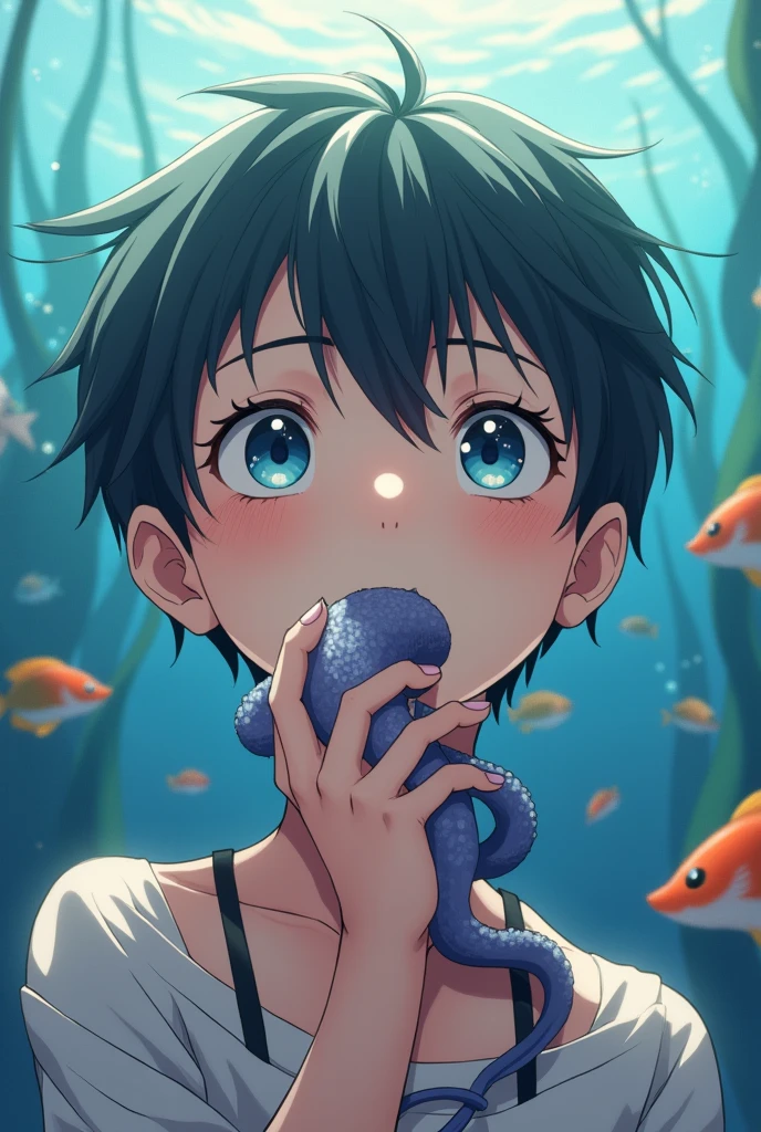 anime boy shota putting octopus tentacle in mouth