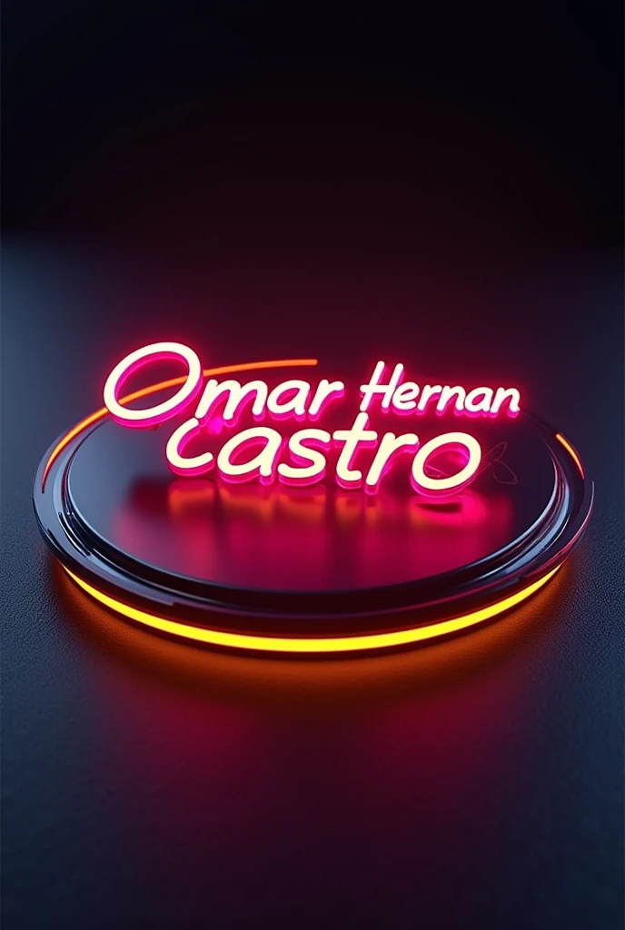 (((Flourescent logo name Omar Hernán Castro on black round plate with yellow and red border in silver metal)))