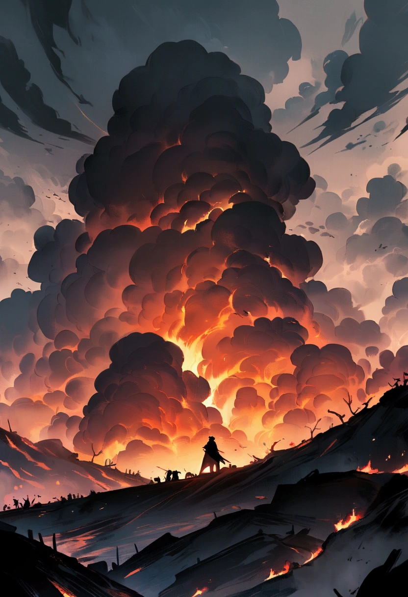 "A desolate landscape where disaster strikes. Jó’s vast herds of livestock are being stolen by bandits, and his fields are burning. In the distance, a violent storm approaches, while Jó, standing in the foreground, receives the terrible news from panicked messengers. The expression on Jó’s face is one of shock and sorrow, as he watches his world collapse around him."
