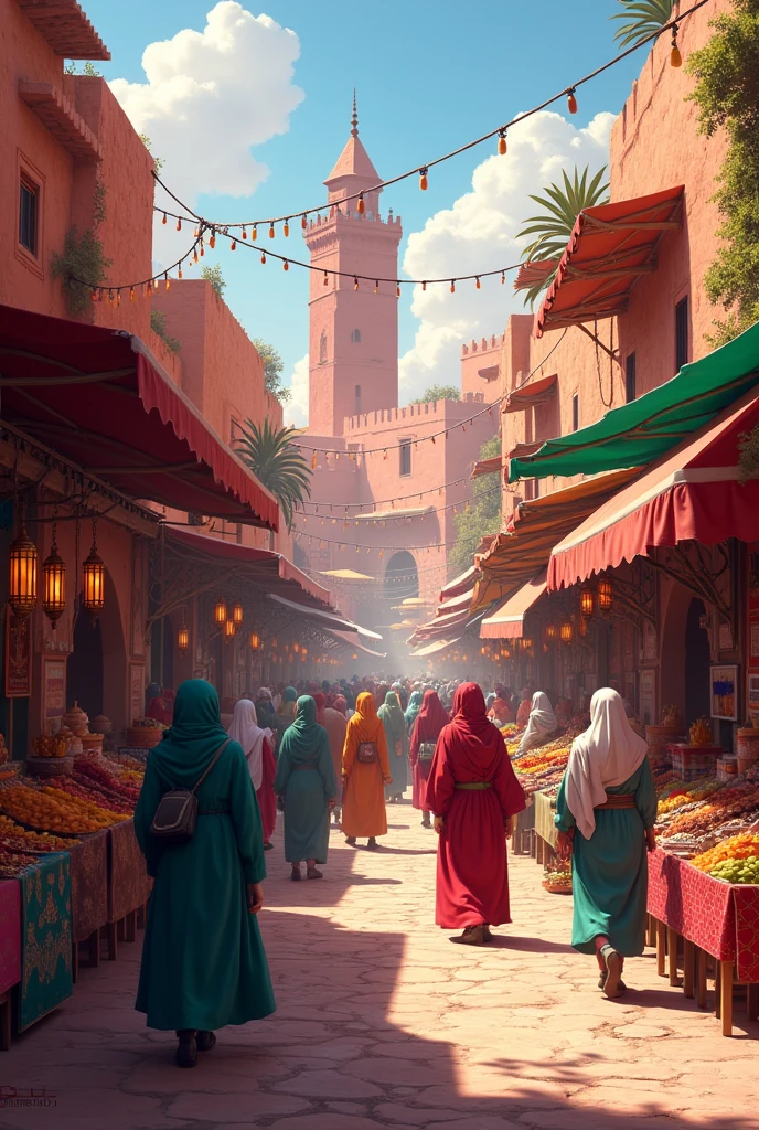 Create the image of A busy street market in Marrakech with colorful stalls and people shopping.