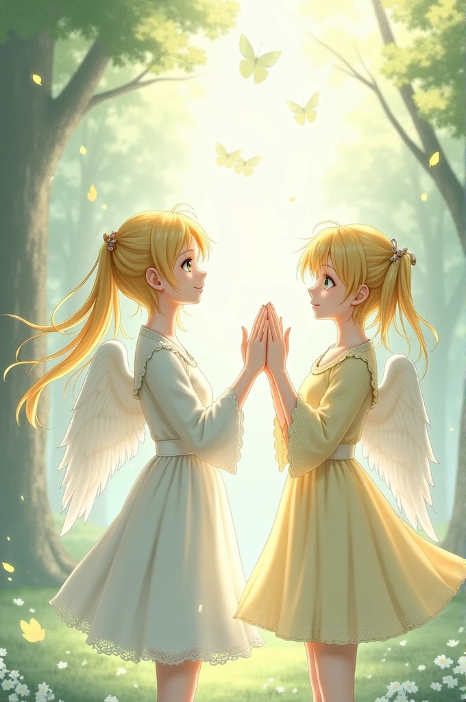 rin and len vocaloid with angle wings soft art style realistic backround