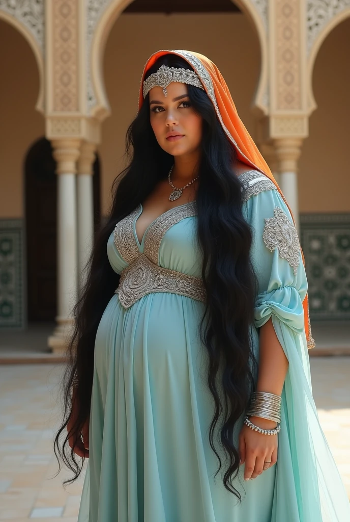 portrait of a plump woman inside the Alhambra with very very long black hair, crowned with a medieval Arabic headdress with an orange veil, pastel blue kaftan with silver Arabic embroidery, silver jewelry, Al-Andalus era, ethereal atmosphere.