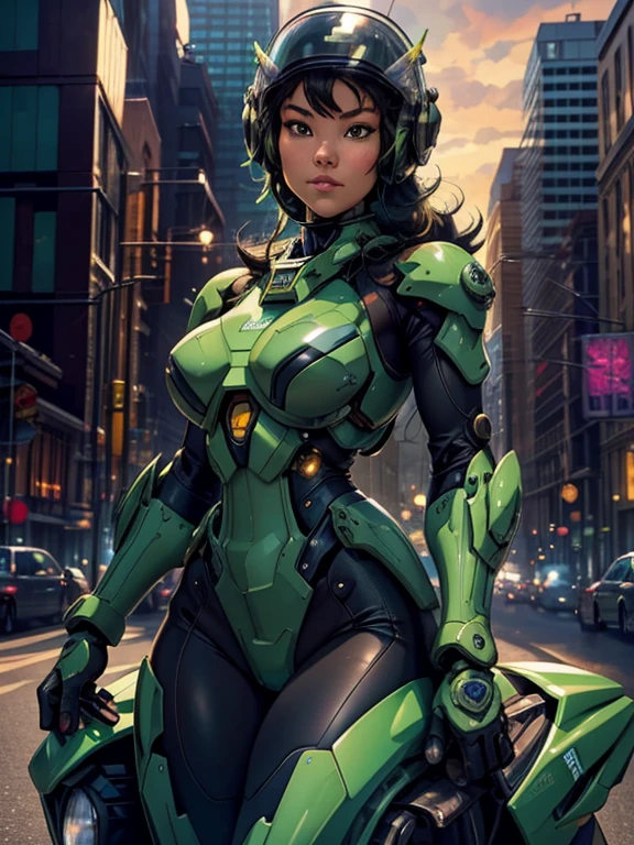 Highest image quality, outstanding details, ultra-high resolution, (realism: 1.4), the best illustration, favor details, highly condensed 1girl, with a delicate and beautiful face, dressed in a black and green mecha, wearing a mecha helmet, holding a directional controller, riding on a motorcycle, the background is a high-tech lighting scene of the future city.