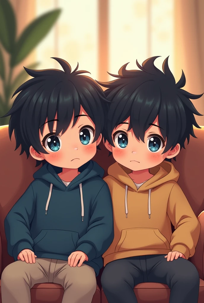 two lil boys , , twins, blue eyes, black hair, looking at the camera, sitting in a sofa, on the house, with a hoodie. (anime:1.2)